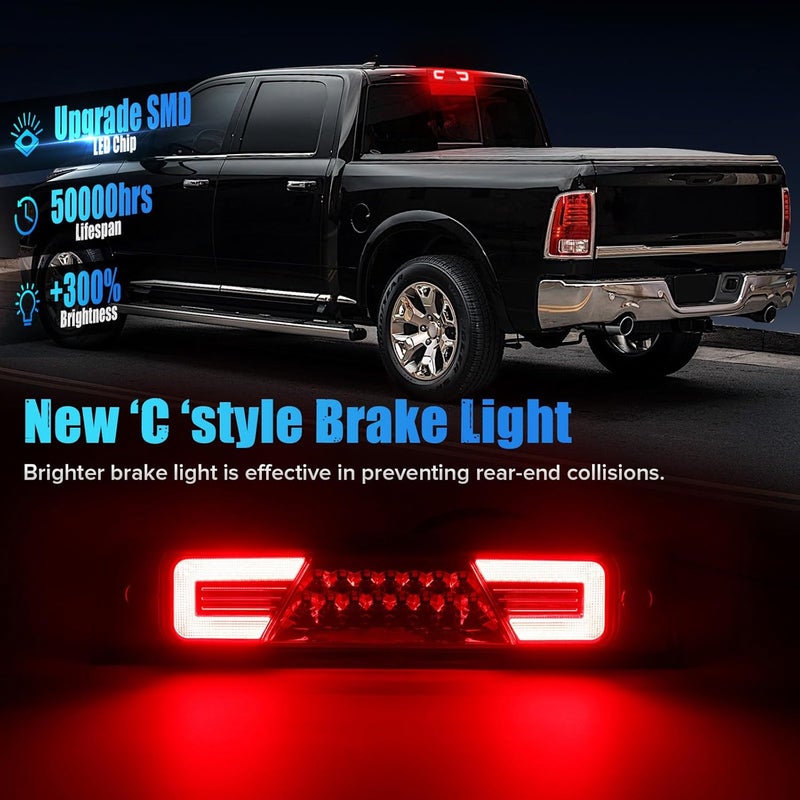LUDARM LED Third Brake Light Compatible with Ram 1500 2500 3500 4500 5500 2009-2018 for Ram1500 Classic 2019-2021 Laramie 2019 3rd Brake Cargo Light Red Housing Clear Lens - Image 2